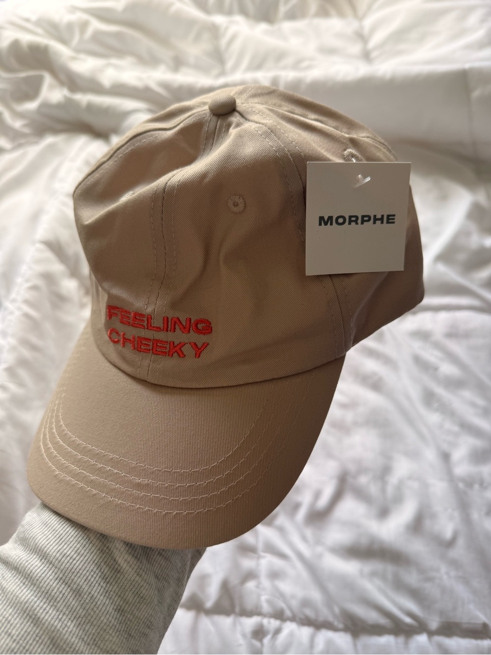 Morphe Beige Cap with Red "Feeling Cheeky" Embroidery